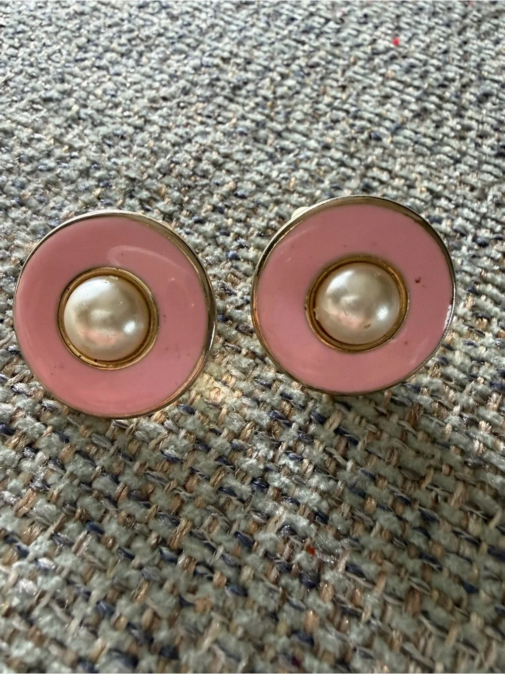 Vintage Pink Enamel Faux Pearl Center Clip-On Earrings... 1960-1970